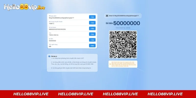 Nạp Tiền Hello88: 8 Cách Nạp, Hạn Mức Và Hướng Dẫn Chi Tiết Chuyển đúng số tiền và nội dung, tiền vào tài khoản Hello88 sau 3 phút