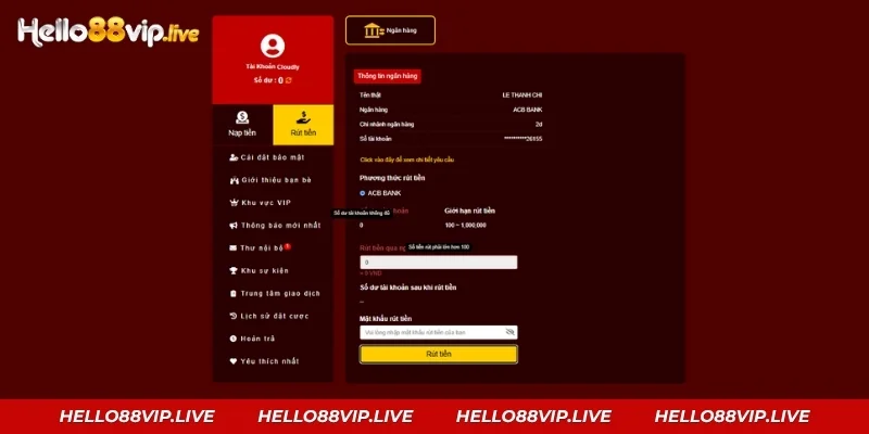 Form thêm ngân hàng rút tiền Hello88