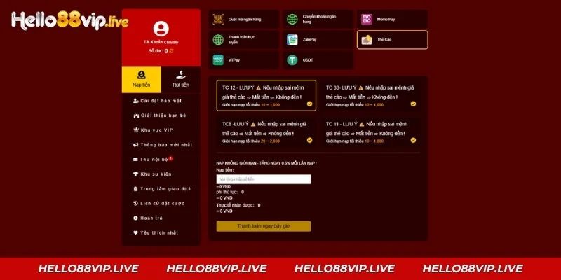 Nạp Tiền Hello88: 8 Cách Nạp, Hạn Mức Và Hướng Dẫn Chi Tiết Lưu ý trong quá trình chuyển tiền Hello88