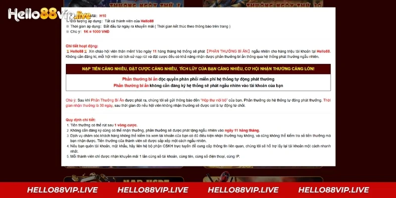 Phần thưởng bí ẩn ngày 11 hằng tháng của Hello88