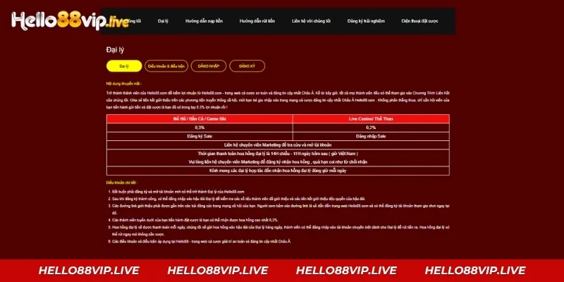 Đại Lý Hello88: Hoa Hồng 0,3% Mỗi Ngày Và Cách Đăng Ký Trang chương trình đại lý Hello88 với bảng hoa hồng theo từng sảnh