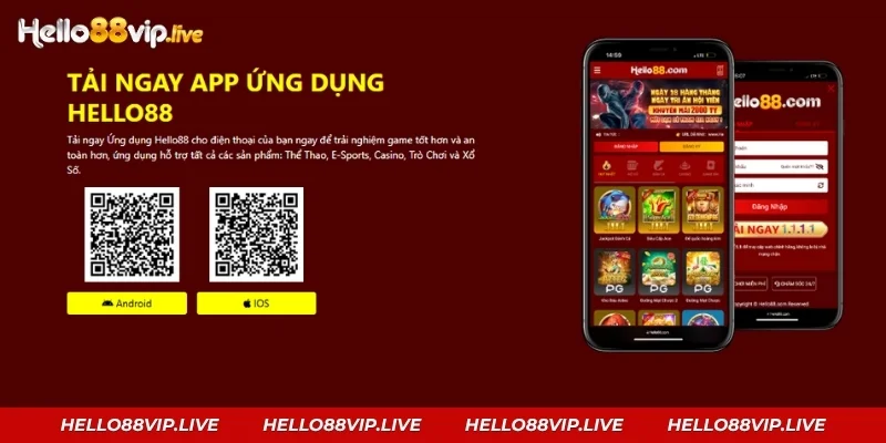 Tải App Hello88: Hướng Dẫn Cài Đặt Android Và iPhone Trang tải app Hello88 có nút và mã QR riêng cho Android và iOS